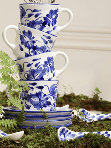 Handpainted Ceramic Coffee Set | El Carmen de Viboral Pottery | 12 Pcs Blue & White Espresso Cups Saucers Spoons | Coffee Lover Gift
