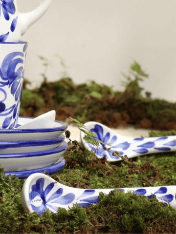 Handpainted Ceramic Coffee Set | El Carmen de Viboral Pottery | 12 Pcs Blue & White Espresso Cups Saucers Spoons | Coffee Lover Gift