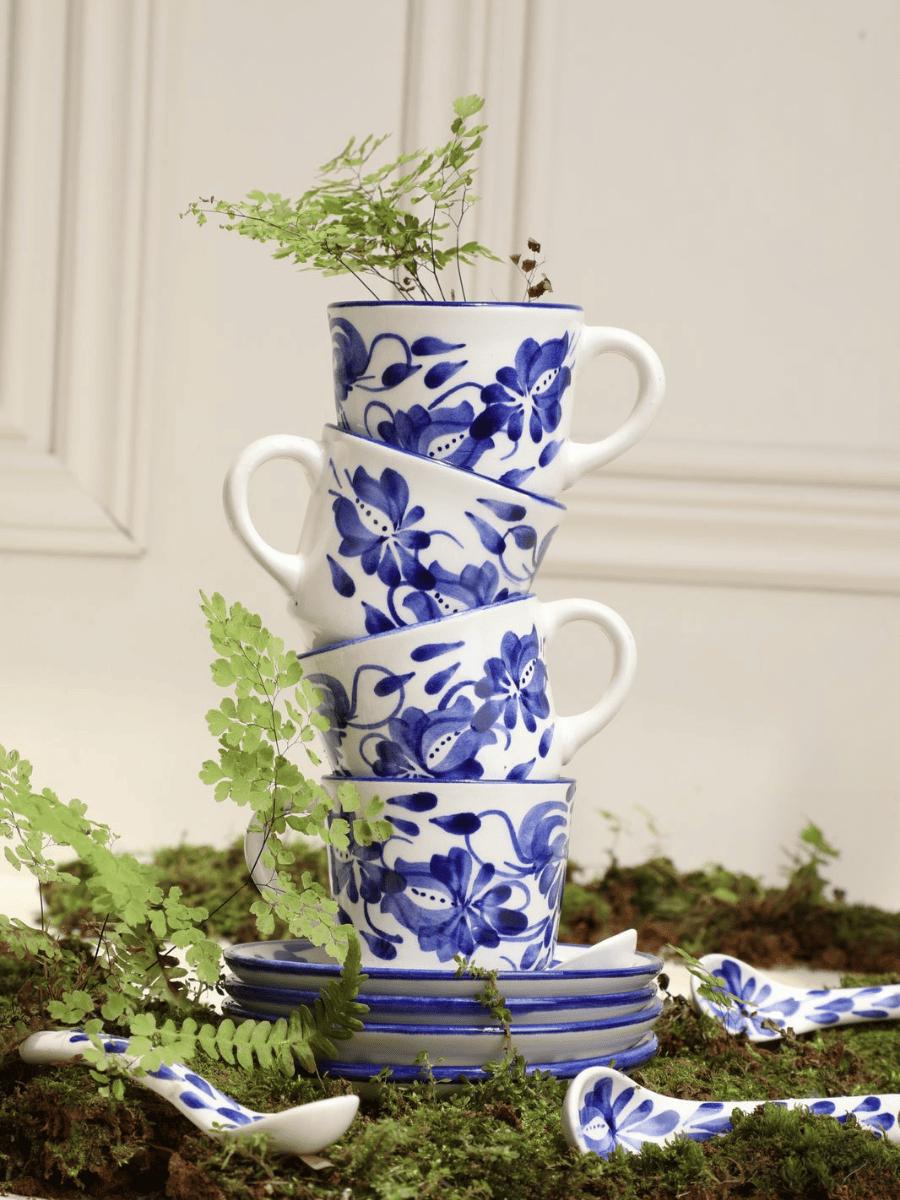 Handpainted Ceramic Coffee Set | El Carmen de Viboral Pottery | 12 Pcs Blue & White Espresso Cups Saucers Spoons | Coffee Lover Gift