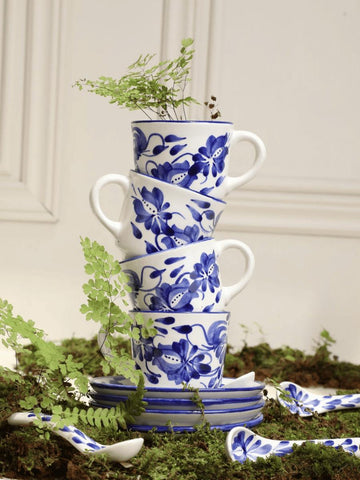 Handpainted Ceramic Coffee Set | El Carmen de Viboral Pottery | 12 Pcs Blue & White Espresso Cups Saucers Spoons | Coffee Lover Gift