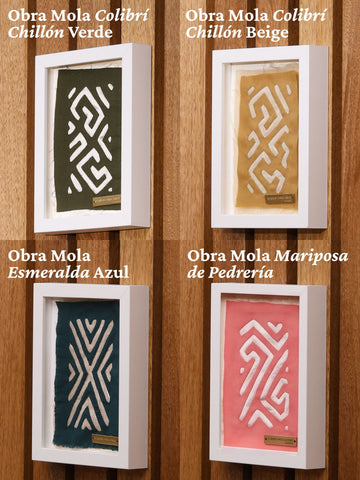 Obras Mola enmarcadas Habibi: Colibrí Chillón Verde, Colibrí Chillón Beige, Abeja Esmeralda Azul y Mariposa de Pedrería