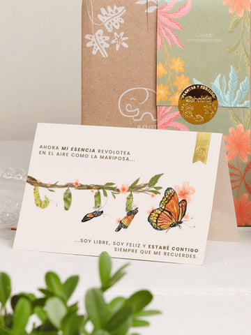 Tarjeta de condolencias Habibi con ilustración de mariposa y empaque de regalo