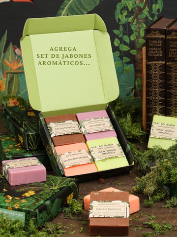 Set x 4 jabones aromáticos edición botánica: cacao tropical, melón-kiwi salvaje, uva silvestre y limón-verbena amazónica, toque especial Habibi