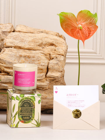 Kit Chispa de Amor: vela aromática con la definición de Amor decorada con un cristal de cuarzo y postal con el as de corazones en sobre con sello dorado de Habibi.